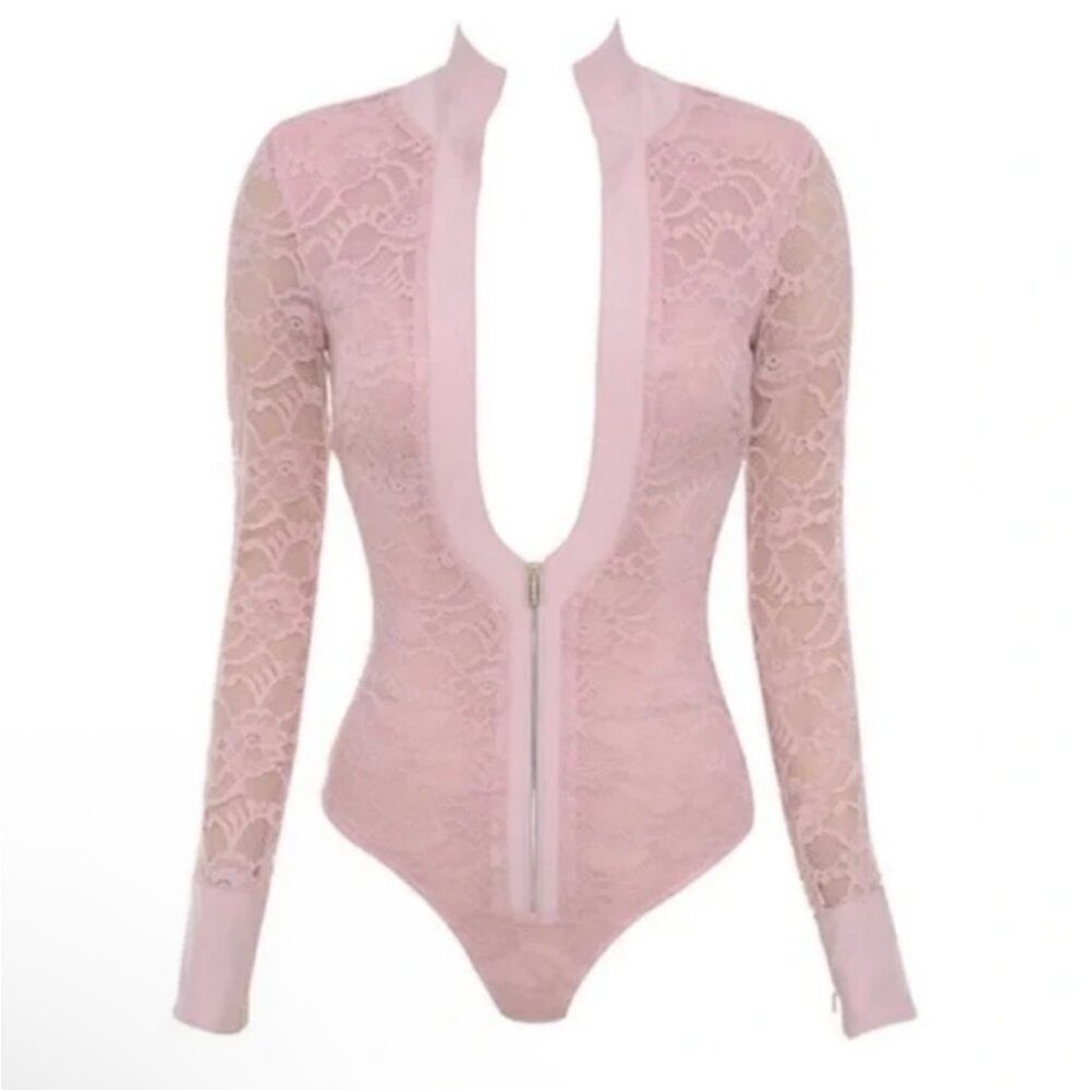 HOUSE OF CB Light Pink Lace Paraisa Plunging Neck Long Sleeve Bodysuit Sz XS